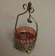 Antique Victorian Cranberry Art Glass Master Salt Dip With Holder And Spoon