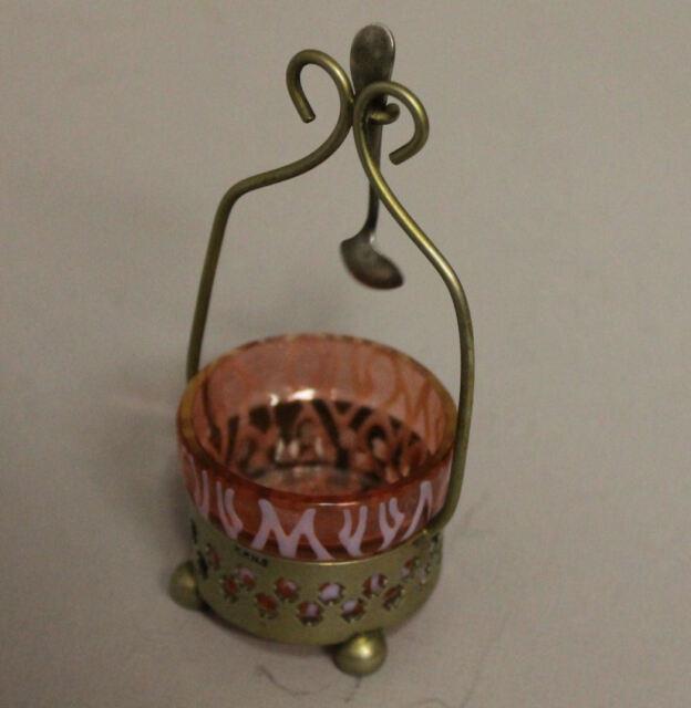 Antique Victorian Cranberry Art Glass Master Salt Dip With Holder And Spoon