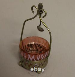 Antique Victorian Cranberry Art Glass Master Salt Dip with Holder and Spoon