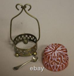 Antique Victorian Cranberry Art Glass Master Salt Dip with Holder and Spoon