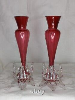 Antique Victorian Cranberry Art Glass Pair Of Vases With Clear Leaf Feet Kralik