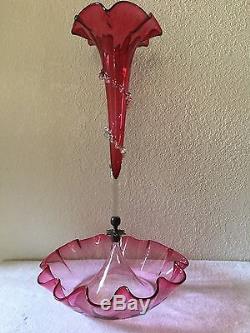 Antique Victorian Cranberry/Cl Epergne Glass Bowl with Central Flute Tulip Vase