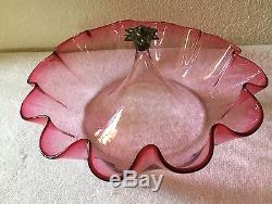 Antique Victorian Cranberry/Cl Epergne Glass Bowl with Central Flute Tulip Vase