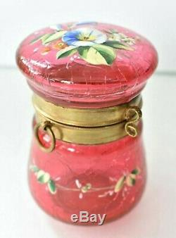 Antique Victorian Cranberry Crackled MOSER Glass Morning Glory Enamel Vanity Box