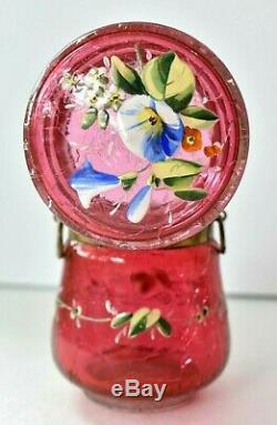 Antique Victorian Cranberry Crackled MOSER Glass Morning Glory Enamel Vanity Box