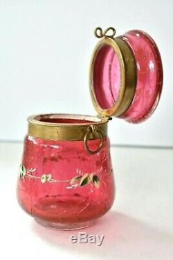 Antique Victorian Cranberry Crackled MOSER Glass Morning Glory Enamel Vanity Box