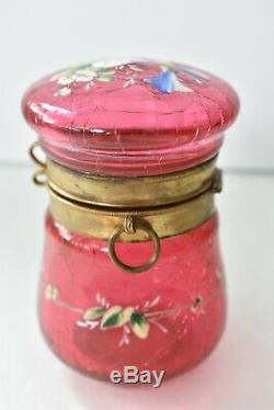 Antique Victorian Cranberry Crackled MOSER Glass Morning Glory Enamel Vanity Box
