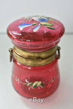 Antique Victorian Cranberry Crackled MOSER Glass Morning Glory Enamel Vanity Box