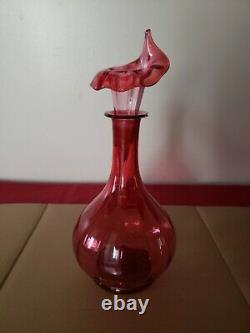 Antique Victorian Cranberry Glass Claret Jug Jar Vase Calla Lily Lid