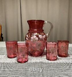 Antique Victorian Cranberry Glass Enameled Floral Pitcher and Tumblers Water Set