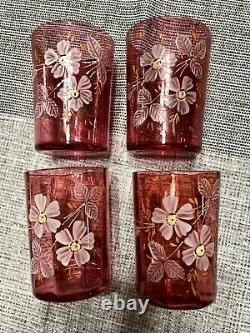 Antique Victorian Cranberry Glass Enameled Floral Pitcher and Tumblers Water Set