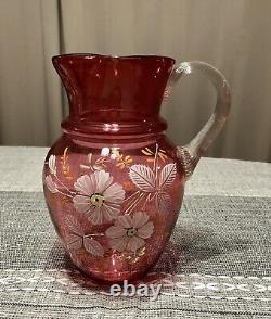 Antique Victorian Cranberry Glass Enameled Floral Pitcher and Tumblers Water Set