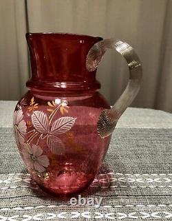 Antique Victorian Cranberry Glass Enameled Floral Pitcher and Tumblers Water Set