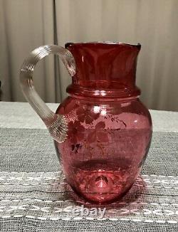 Antique Victorian Cranberry Glass Enameled Floral Pitcher and Tumblers Water Set