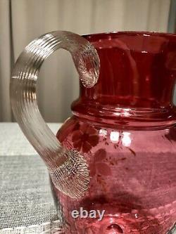 Antique Victorian Cranberry Glass Enameled Floral Pitcher and Tumblers Water Set