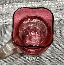 Antique Victorian Cranberry Glass Enameled Floral Pitcher and Tumblers Water Set