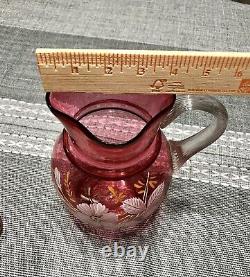 Antique Victorian Cranberry Glass Enameled Floral Pitcher and Tumblers Water Set