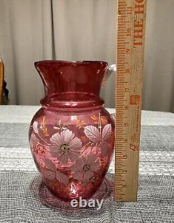 Antique Victorian Cranberry Glass Enameled Floral Pitcher and Tumblers Water Set