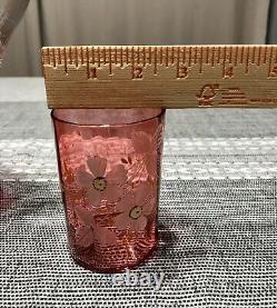 Antique Victorian Cranberry Glass Enameled Floral Pitcher and Tumblers Water Set