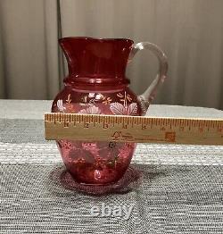 Antique Victorian Cranberry Glass Enameled Floral Pitcher and Tumblers Water Set