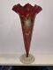 Antique Victorian Cranberry Glass Vase With Gold Enamel Scrolls Trumpet Vase