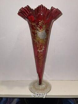 Antique Victorian Cranberry Glass Vase With Gold Enamel Scrolls Trumpet Vase