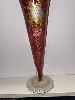 Antique Victorian Cranberry Glass Vase With Gold Enamel Scrolls Trumpet Vase