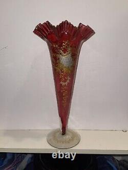 Antique Victorian Cranberry Glass Vase With Gold Enamel Scrolls Trumpet Vase