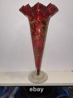 Antique Victorian Cranberry Glass Vase With Gold Enamel Scrolls Trumpet Vase