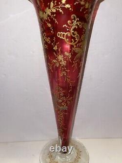 Antique Victorian Cranberry Glass Vase With Gold Enamel Scrolls Trumpet Vase