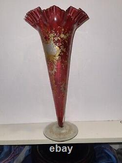 Antique Victorian Cranberry Glass Vase With Gold Enamel Scrolls Trumpet Vase