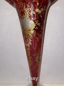 Antique Victorian Cranberry Glass Vase With Gold Enamel Scrolls Trumpet Vase