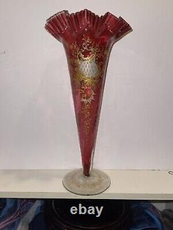 Antique Victorian Cranberry Glass Vase With Gold Enamel Scrolls Trumpet Vase