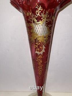 Antique Victorian Cranberry Glass Vase With Gold Enamel Scrolls Trumpet Vase