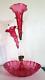 Antique Victorian Cranberry Opalescent Glass Flower Epergne 2 Trumpets W Bowl