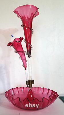 Antique Victorian Cranberry Opalescent Glass Flower Epergne 2 Trumpets w Bowl