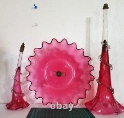 Antique Victorian Cranberry Opalescent Glass Flower Epergne 2 Trumpets w Bowl