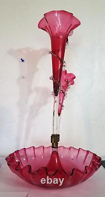 Antique Victorian Cranberry Opalescent Glass Flower Epergne 2 Trumpets w Bowl