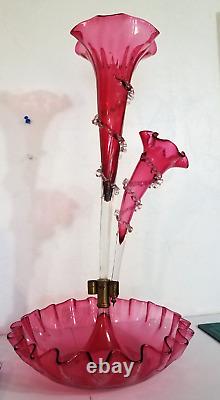 Antique Victorian Cranberry Opalescent Glass Flower Epergne 2 Trumpets w Bowl