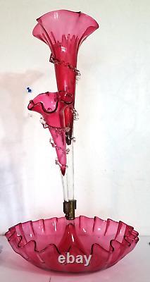 Antique Victorian Cranberry Opalescent Glass Flower Epergne 2 Trumpets w Bowl