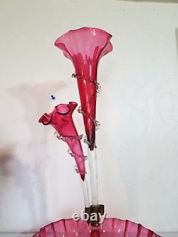 Antique Victorian Cranberry Opalescent Glass Flower Epergne 2 Trumpets w Bowl