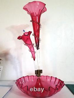 Antique Victorian Cranberry Opalescent Glass Flower Epergne 2 Trumpets w Bowl