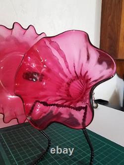 Antique Victorian Cranberry Opalescent Glass Flower Epergne 2 Trumpets w Bowl