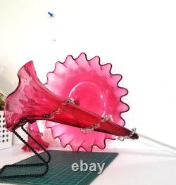 Antique Victorian Cranberry Opalescent Glass Flower Epergne 2 Trumpets w Bowl