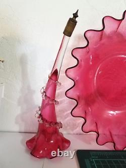 Antique Victorian Cranberry Opalescent Glass Flower Epergne 2 Trumpets w Bowl