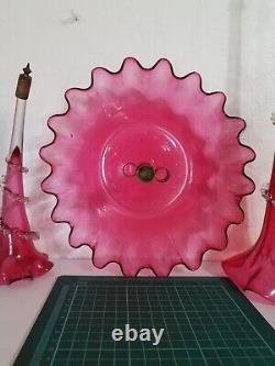 Antique Victorian Cranberry Opalescent Glass Flower Epergne 2 Trumpets w Bowl