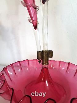 Antique Victorian Cranberry Opalescent Glass Flower Epergne 2 Trumpets w Bowl