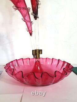 Antique Victorian Cranberry Opalescent Glass Flower Epergne 2 Trumpets w Bowl