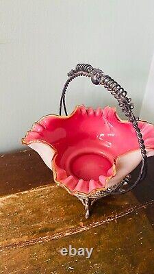 Antique Victorian Cranberry Silvercrest Art Glass Brides Basket in Silver