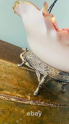 Antique Victorian Cranberry Silvercrest Art Glass Brides Basket in Silver